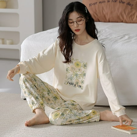 

QWZNDZGR Autumn 100% Cotton Pajama Sets Women Pyjamas Floral Print Sleepwear Yellow Loungewear Pijama Mujer Nightsuits Homewear Fashion