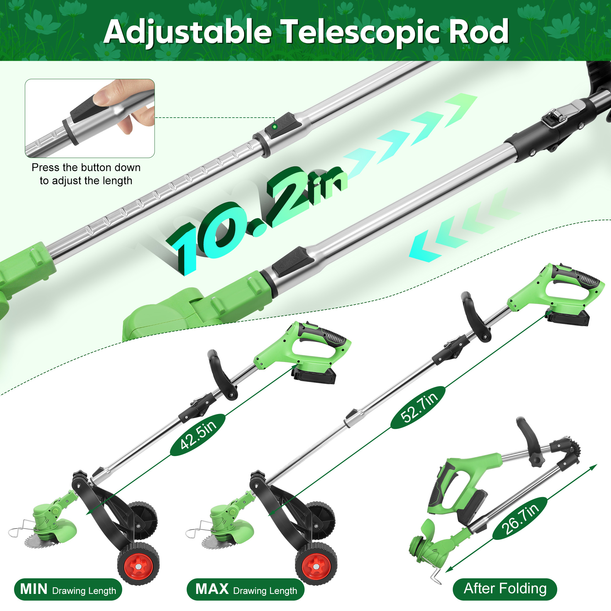RELOIVE Weed Eater,Cordless Weed Trimmer,Electric Weed Wacker, with 2PCS 3000mAh Batteries and Charger, 5-in-1 String Trimmer with Wheels, 43.3''-53.1'' Adjustable for Garden Yard