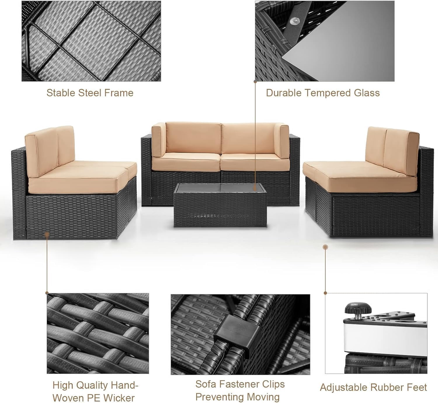 YODOLLA 7-Piece Patio Furniture Set with 43" Fire Pit Table, Rattan Wicker Outdoor Sectional Sofa Couch with Table Patio Conversation Set for Lawn& Backyard In Black& Beige