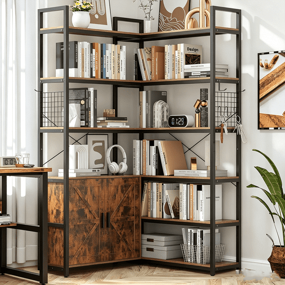 Winkalon 6 Tier Corner Bookshelf, 71.3" Convertible Tall Bookcase with 2 Barn Doors and 10 Storage Shelves for Living Room,Rustic Brown