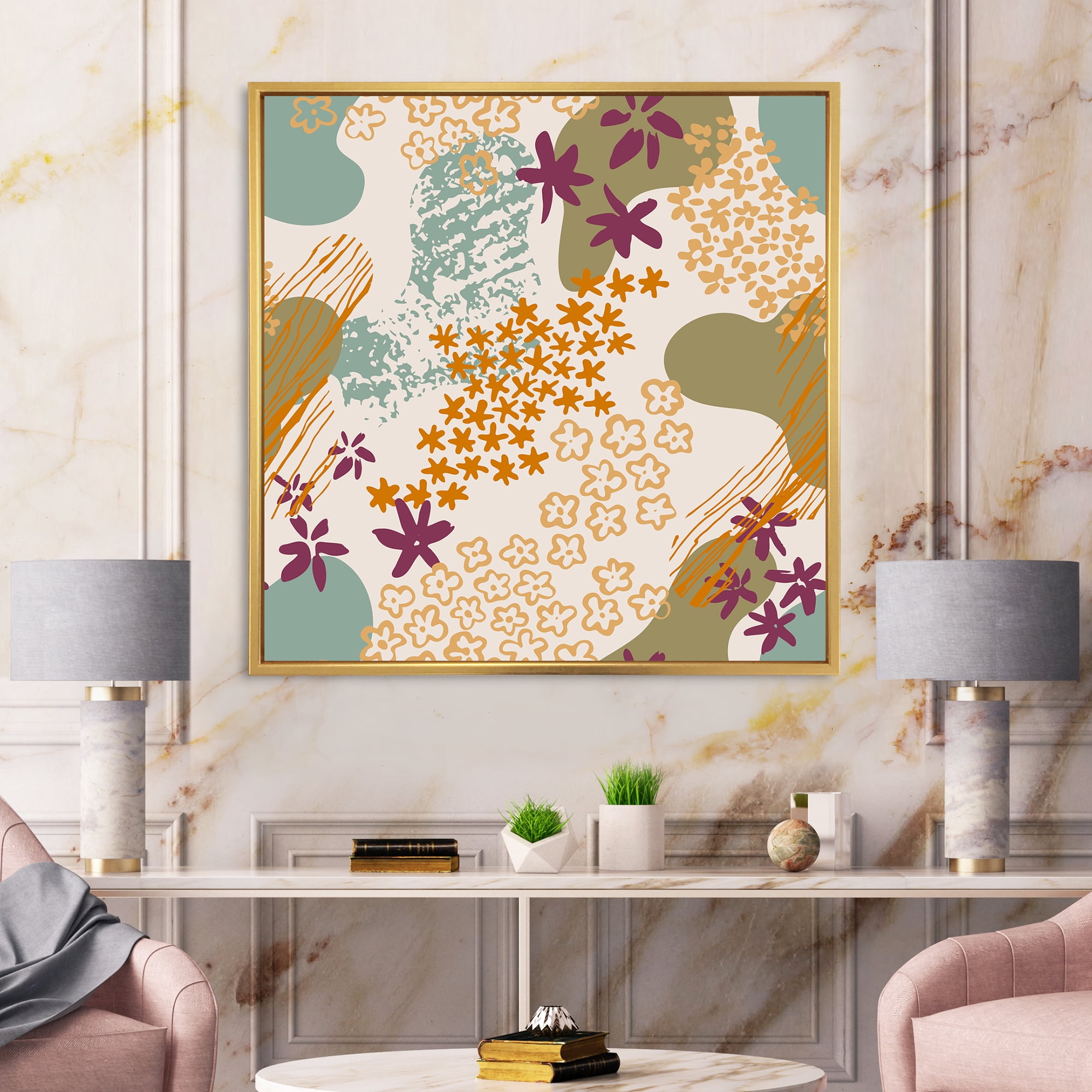 Designart 'Fluid Shapes and Flowers Silhouettes' Modern Framed Canvas Wall Art Print