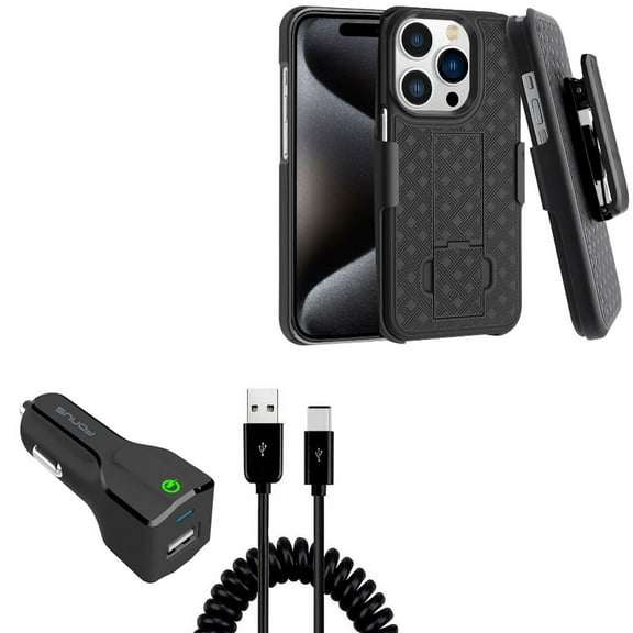 Car Charger & Case Belt Clip for iPhone 15 Pro Max - 18W Fast USB Port Coiled Cable Type-C and Holster Swivel Cover Kickstand V5O for iPhone 15 Pro Max (6.7")