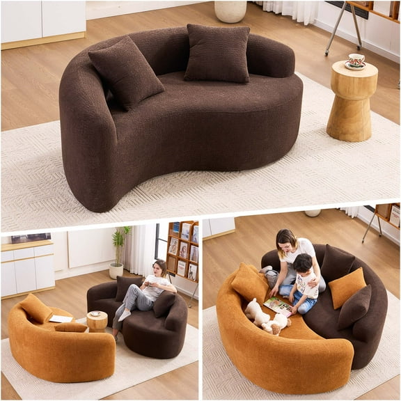 JERFIT Chenille Loveseat Sofa for Small Spaces, Dual-Depth S-Curved Design for Meditation, Modern Minimalist Furniture, Brown