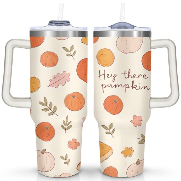 Pumpkin Leaves in Autumn 40 Oz Tumbler with Handle Lid and Straw, Stainless Steel Double Walled Vacuum Insulated Cup, Cute Birthday Gifts Tumbler for Women Men Friends