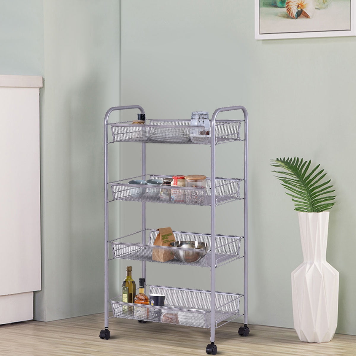 Costway 4 Tier Storage Rack Trolley Cart Home Kitchen Organizer Utility