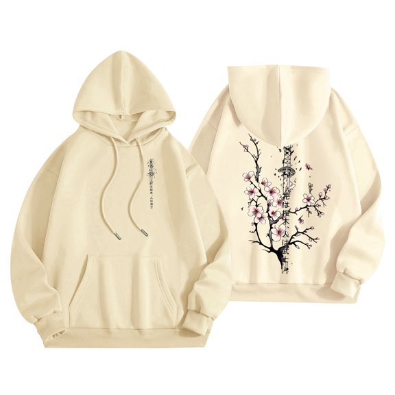 Unisex Both Sides Letter Print Hoodie Japanese Graphic Long Sleeve Pullover Sweatshirt Apparel