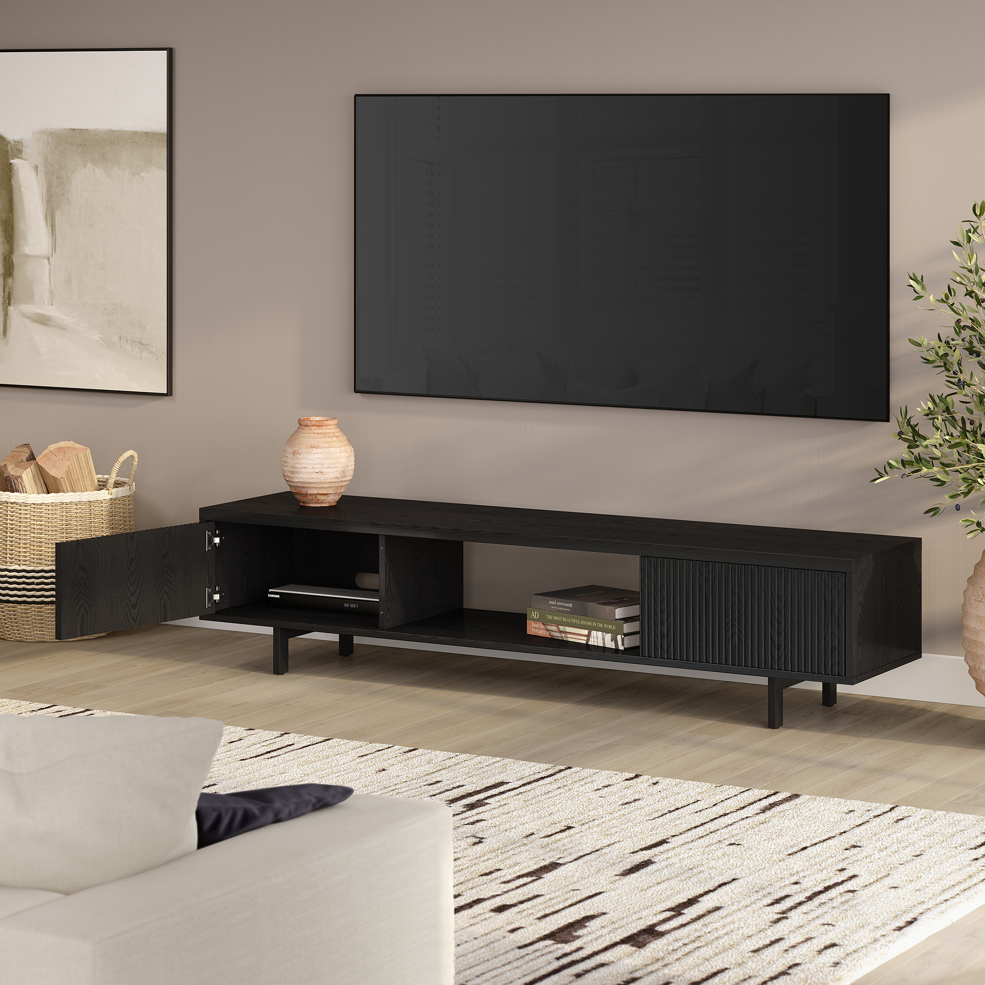 Lucien Rectangular TV Stand for TV's up to 78" in Black Grain