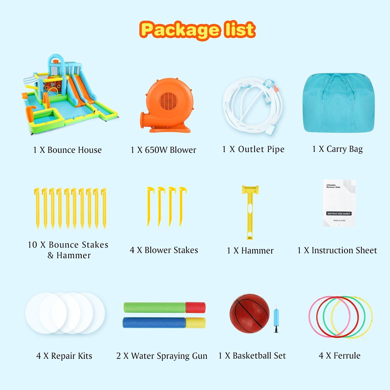 JOYLDIAS Kids Inflatable Water Slides Giant Park Bounce House Castle with Trampoline, Ring Toss Game, Splash Area, Climbing Wall, Basketball Hoop, Water Guns, Felt Ball Target, Air Blower