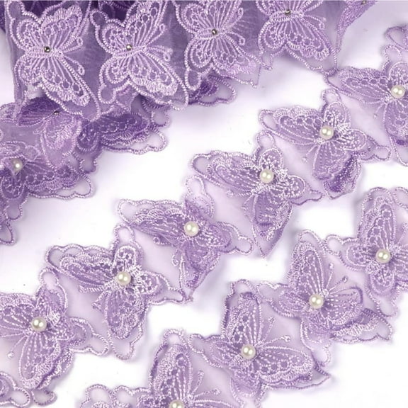 4 Yards Butterfly Lace Trim Butterfly Patterned Lace Trim Organza Butterfly Lace Fabric with Pearls for DIY Handmade Appliques Embroidery Sewing DIY Wedding Bride Hair Dress Hat Accessories,Purple