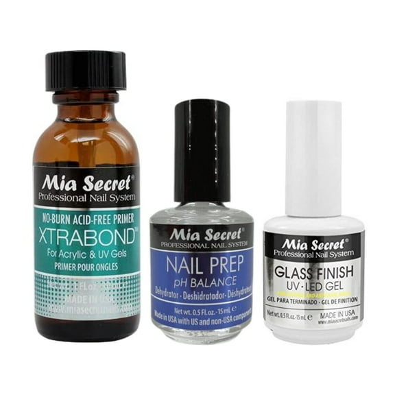 Mia Secret Nail Prep 0.5oz,Xtrabond Primer 30 ML & Glass Finish UV-LED Gel 0.5oz