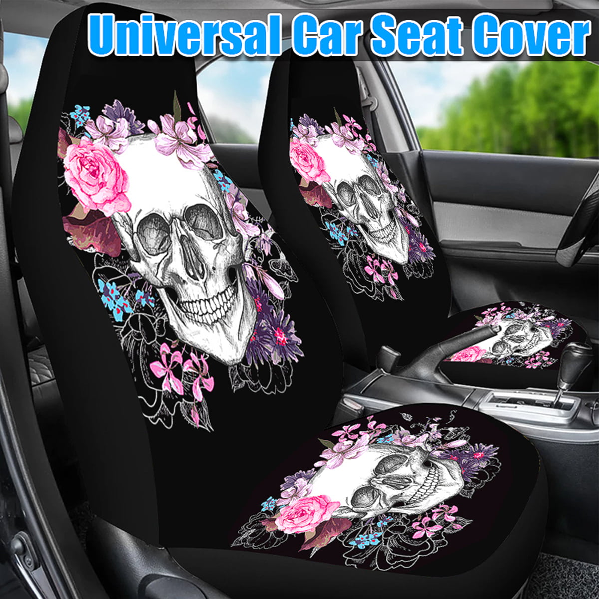 INTERESTPRINT Vintage Sugar Skull Car Seat Covers Set of 2 Vehicle Seat Protector Car Covers for Auto Cars Sedan SUV 