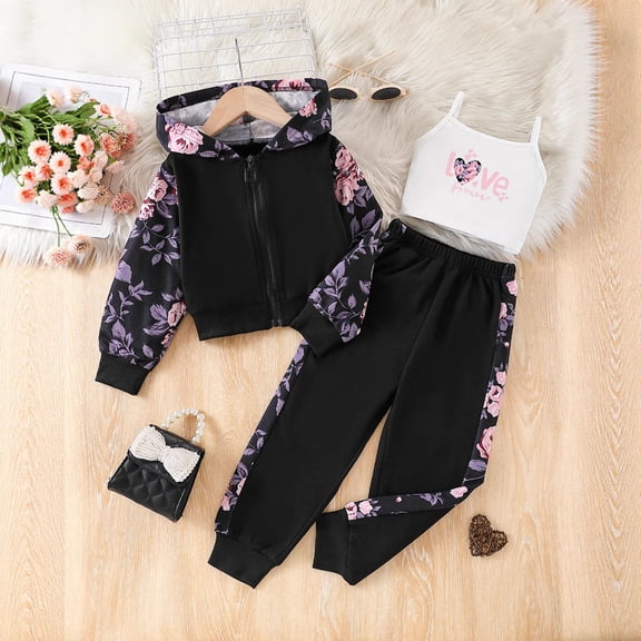 Girls Clothes 7-8 Girls Graphic 3 Piece Outfits Workout Hoodie Crop Tank and Sweatpants Set