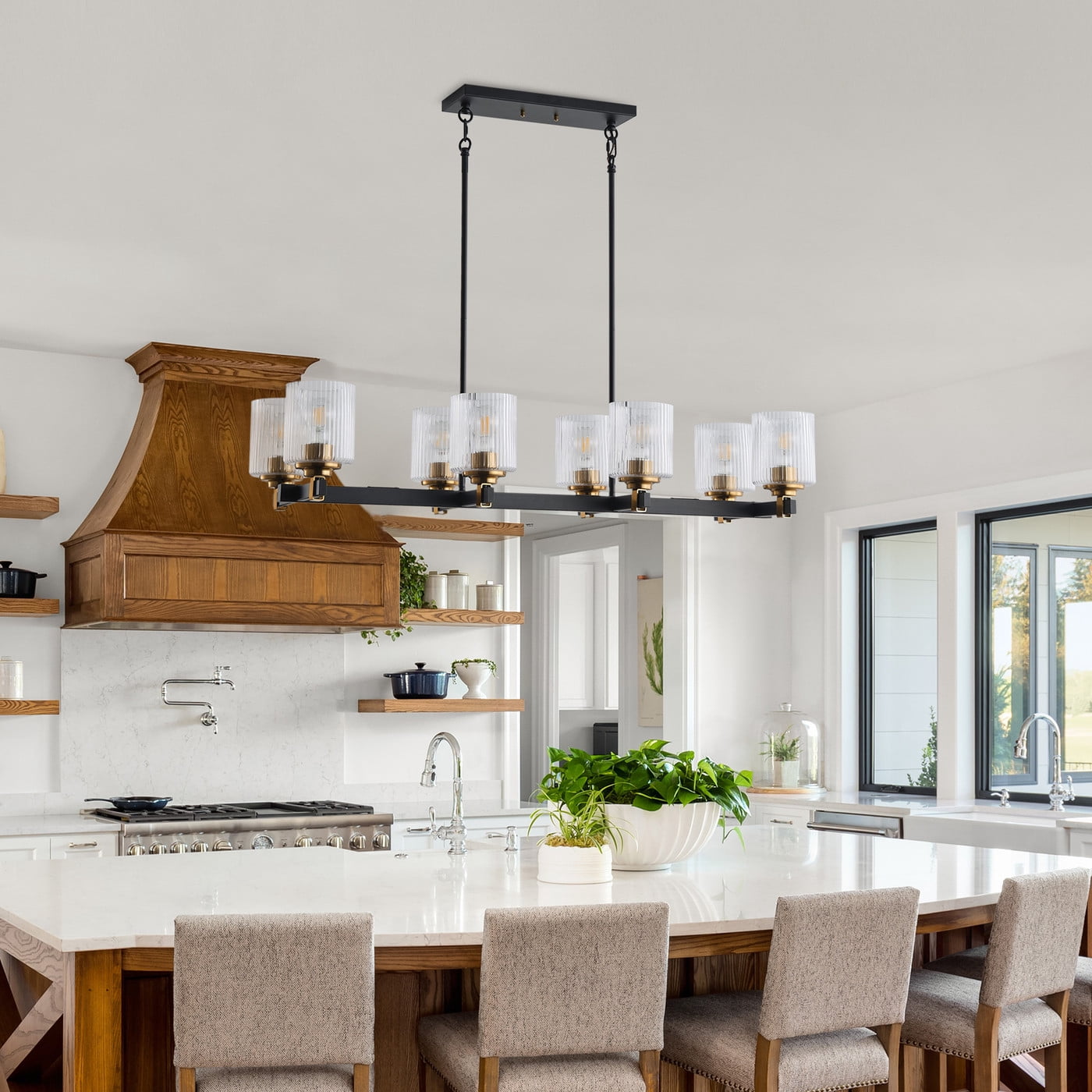 Aiwen 40 In Linear Chandelier Over Kitchen Island, Rustic Industrial 8-Light Pendant Light Fixture