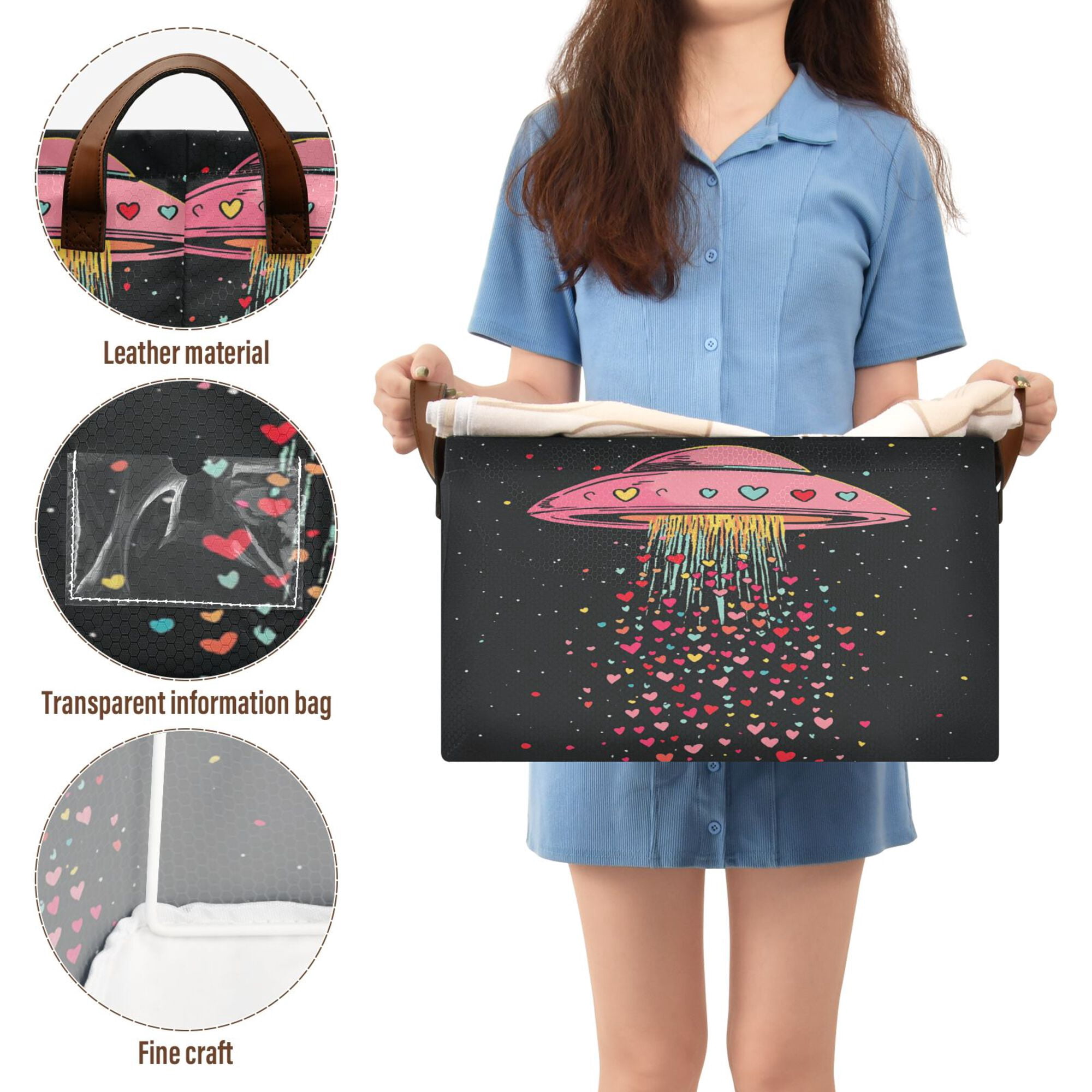 Yayeee Foldable Storage Basket for Shelves Waterproof Cloth Bins with Handles, UFO with Hearts Pattern