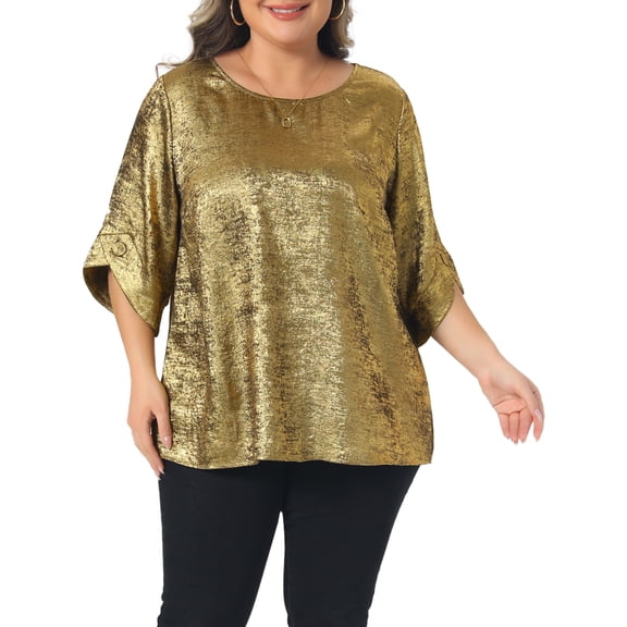 DARING DIVA Women's Plus Metallic Tops Sparkly Crew Neck Loose Shirts 1X Gold