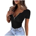 thumbnail image 3 of Fengqque Women's Knitted Rib T Shirt Half Zip V Neck Short Sleeve Casual Summer Slim Fit Top Black M(M), 3 of 7
