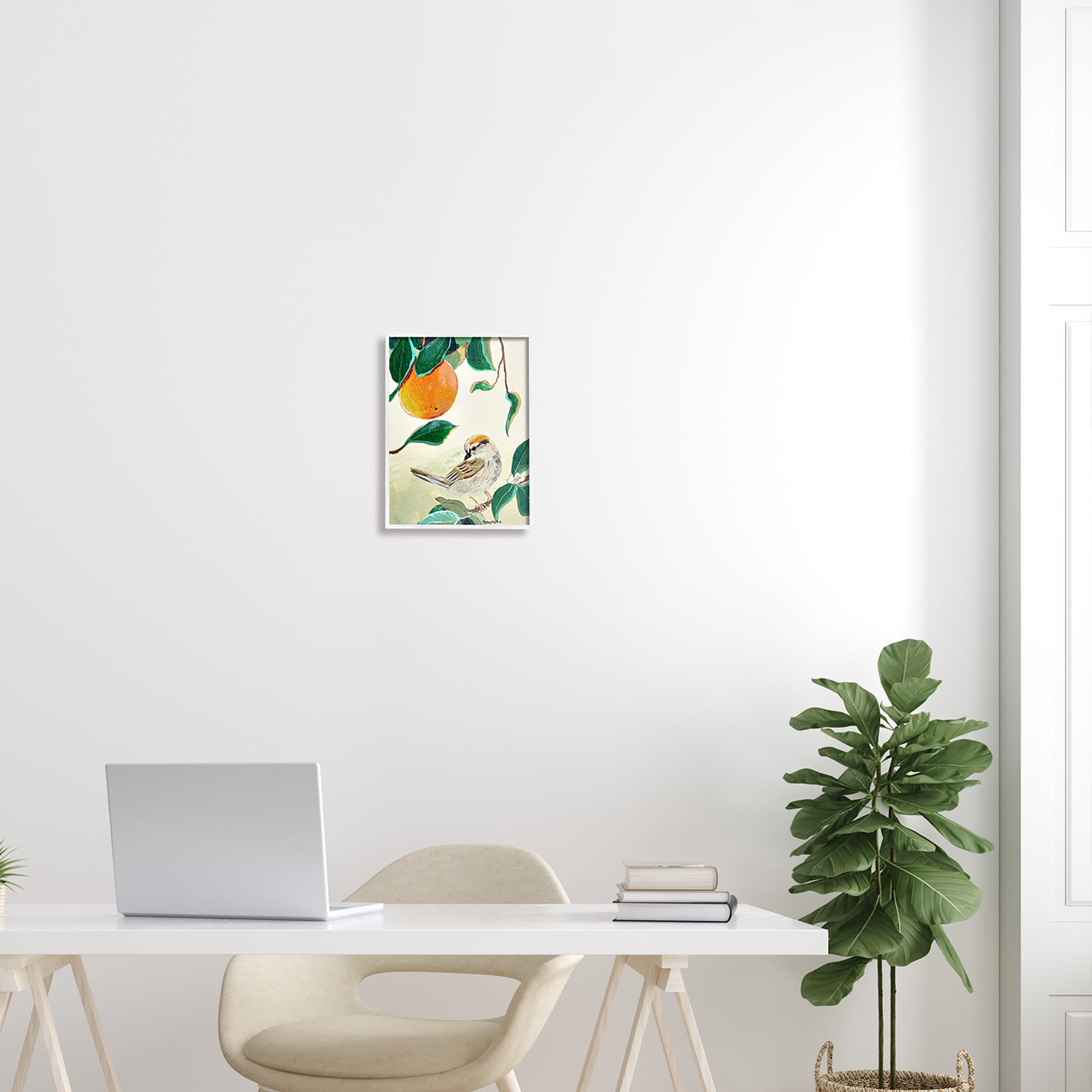 Stupell Industries Bird Perched Orange Fruit Tree Branch Leaves Painting White Framed Art Print Wall Art, Design by Robin Maria