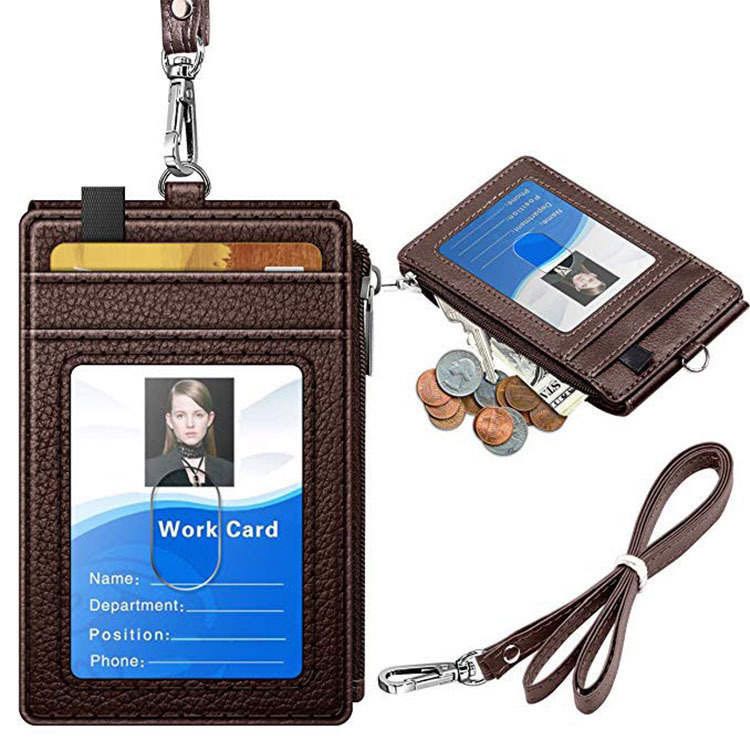 Leather ID Badge and Card Holder with Lanyard Adjustable Retractable