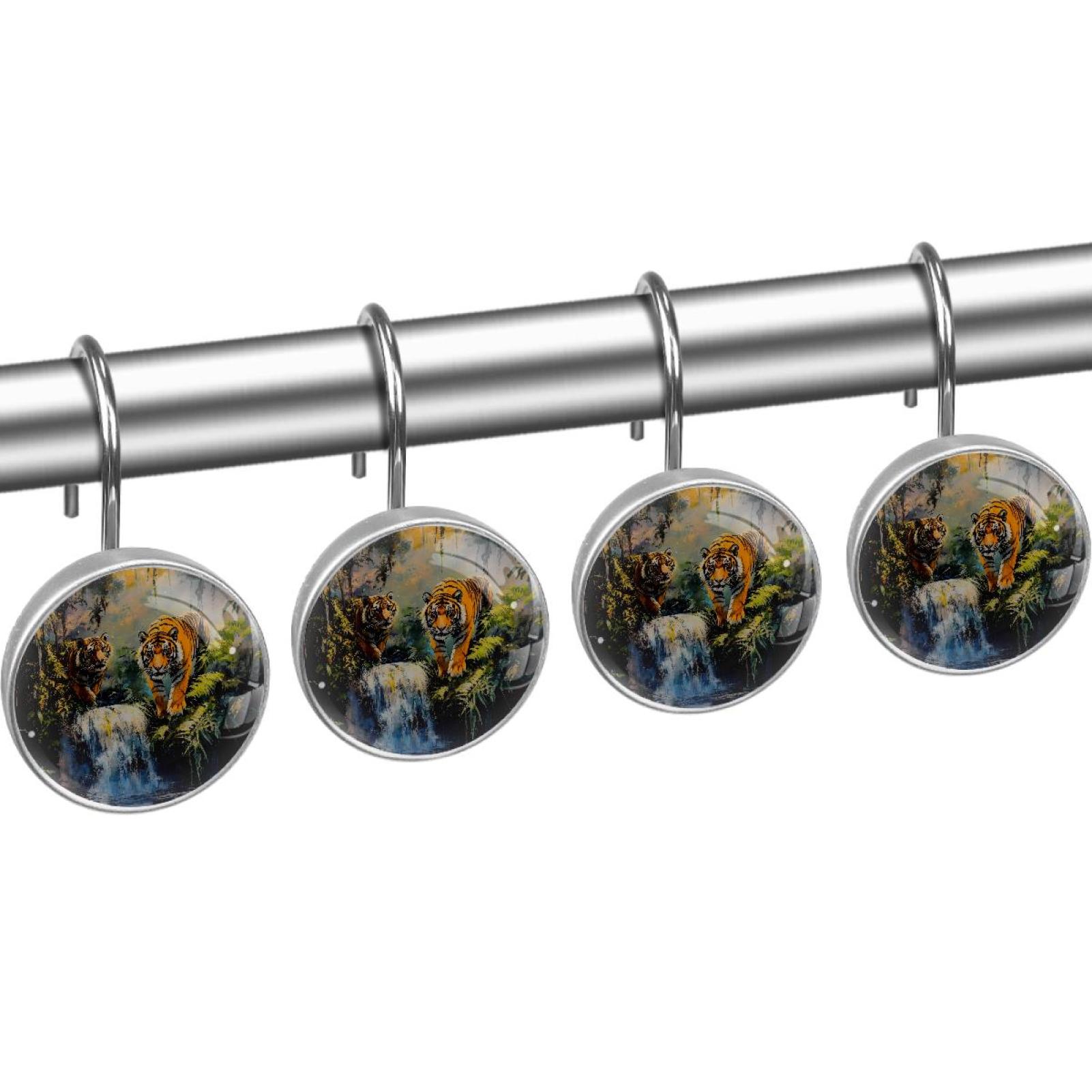 Waterfall Tigers Bush Shower Curtain Hooks Round Crystal Glass, Set of 12 Shower Curtain Rings - Shower Hooks for Curtain Shower Rings