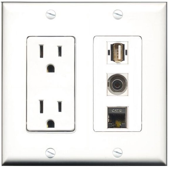RiteAV - 15 Amp Power Outlet 1 Port USB A-A 1 Port Shielded Cat6 Ethernet Ethernet 1 Port 3.5mm Decorative Wall Plate
