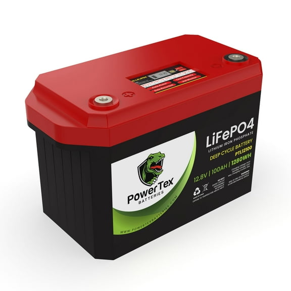 PowerTex Batteries 12V 100Ah 1224Wh Lithium Ion LiFePO4 Deep Cycle Rechargeable Battery - LCD Voltage Display - SLA Drop-in Replacement for Marine, Trolling, Solar, UPS, RV, Camper, Off-Grid & More!