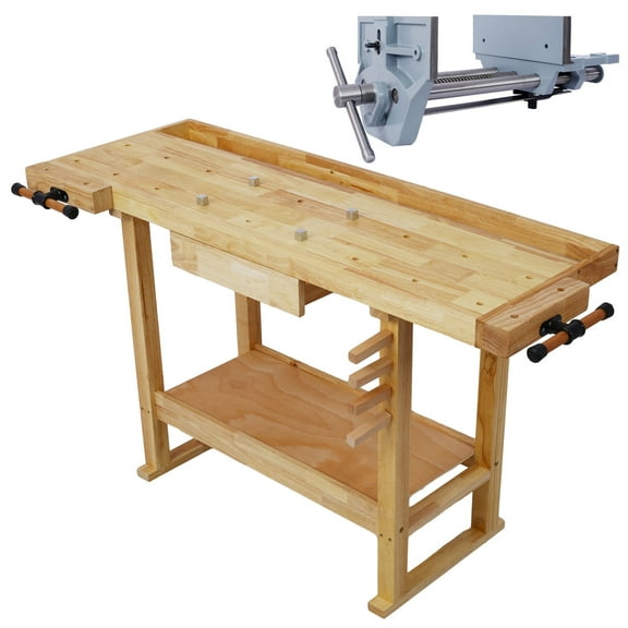 55-Inch Wood Workbench - Wooden Workbench for Garage Workshop and Home, with Rapid Action Woodworking Vise 9 Inch Jaw Width Made with Heavy-Duty Cast Iron ,GRAY,
