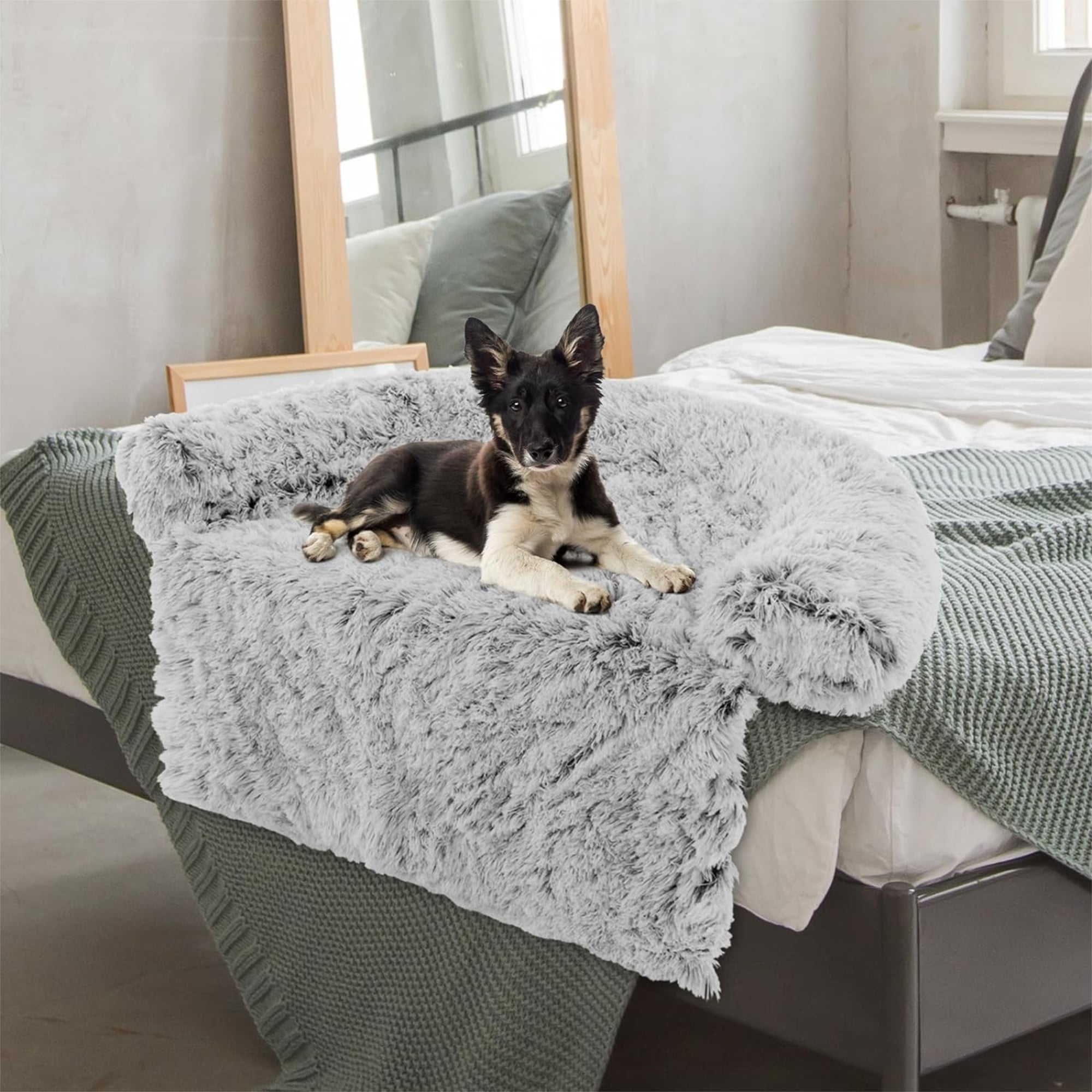 Kadyn 44" Plush Long Fur Dog Couch Bed, Dog Bed Mats with Anti-Slip Bottom, Washable Removable Couch Cover, Perfect for Small, Medium Dogs Cats, Gray-M