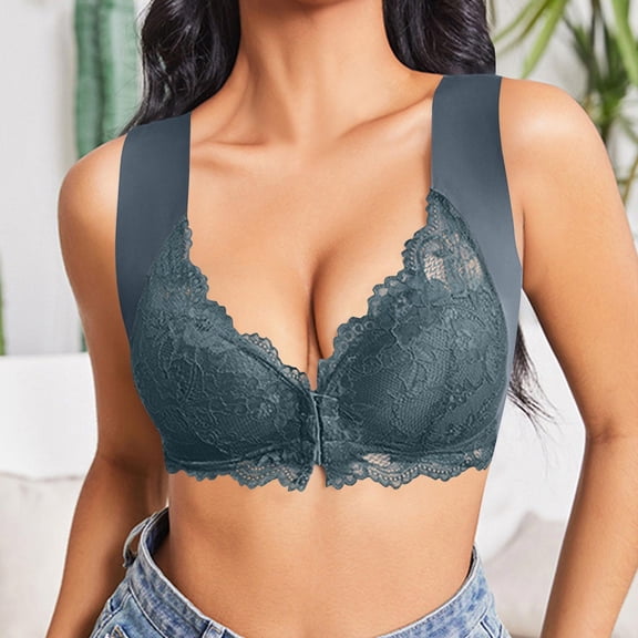 Nfurl Front Closure Bras for Women Wireless Full Coverage Front Clasp Push up Bra Support Lace Bralettes no Wire Anti Sagging Lift Bras Navy,XXL