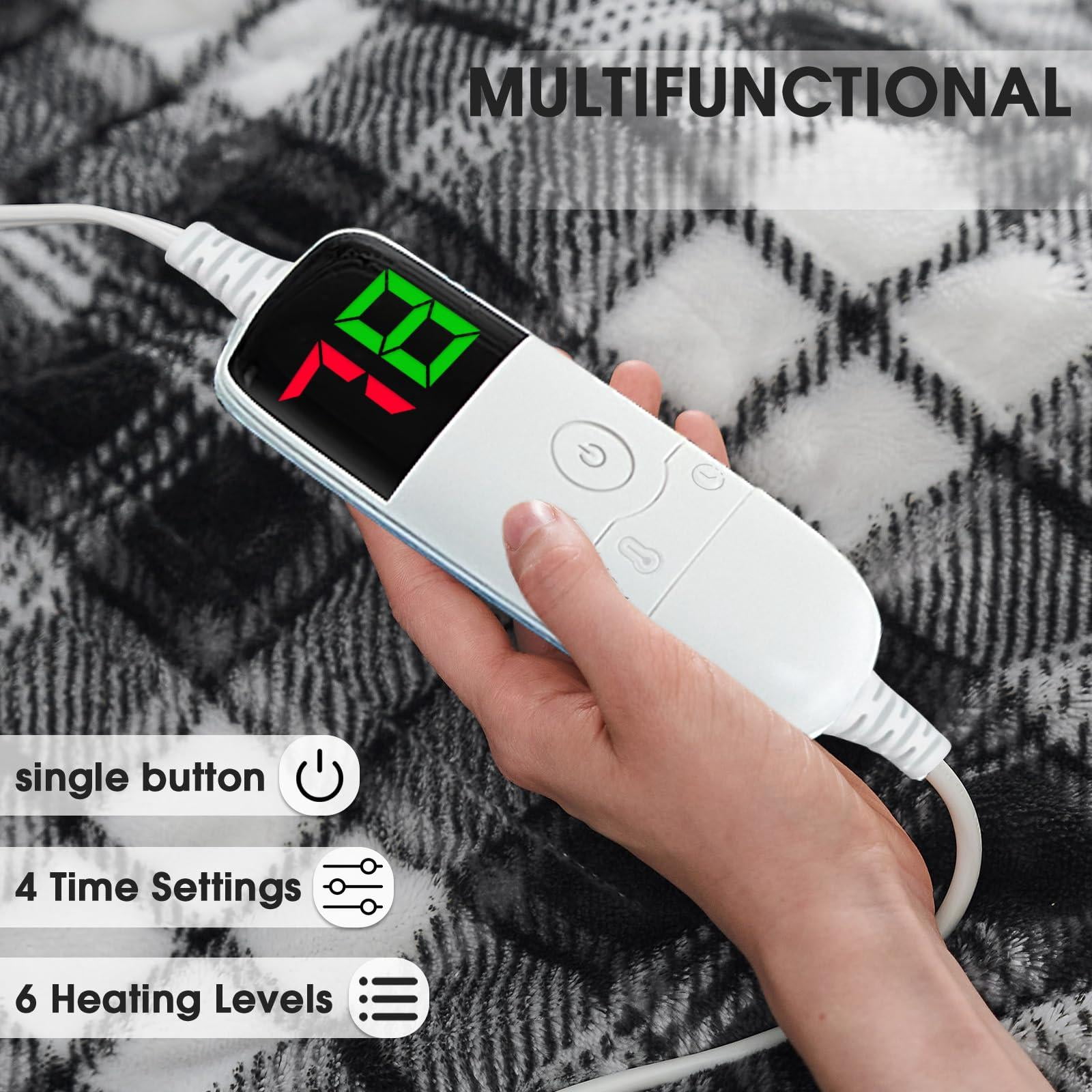 Black Heated Blanket Electric Throw  50x60 Heating With 10 Heats Levels & 8 Hours Auto Off Plaid Soft Sherpa Blankets Warmer Gifts For Men Dad Home Decor Living Room Bedroom Office