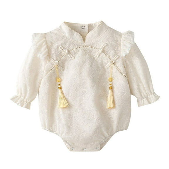 Ruyang New Born Baby Cute Chinese Romper Ruffle Long Sleeve Stand Collar Bodysuit Baby Unisex Tang Suit with Tassels