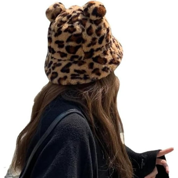 SikaFu Y2k Cartoon Fluffy Warm Bucket Hat Cute Bear Ear Beanies Women Knitted Wool Cap Winter Halloween Hats Grunge Harajuku