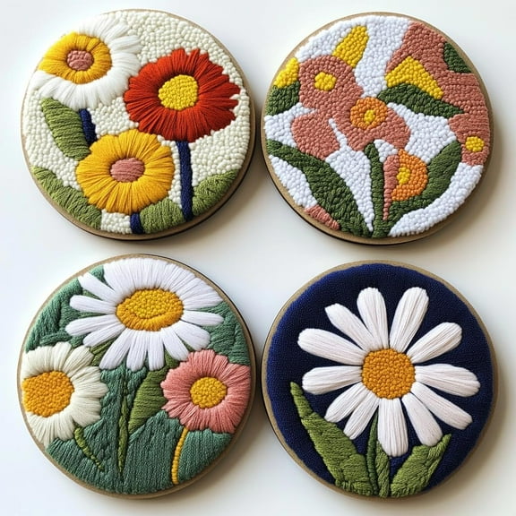 4 Set DIY Punch Needle Coaster Kits White Daisy Flower Easy for Beginners with Adhesive Felt Hoop Punch Needle Embroidery Starter Set with Pattern for Drink Cups Mat Home Decor-2