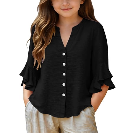 Ruiwill Toddler Girls Shirts Size 9-10 Years Kids T-Shirts School Dailywear Tops Solid Color Half-Length Sleeves Crewneck Summer Kids T-Shirts Black