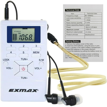 EXMAX E108 Wireless FM Radio Receiver Portable DSP Stereo Pocket Mini FM Radio Receiver Digital Samll FM Radio Earbuds LCD Clock for FM Translator Tour Guide System FM Transmitter Work - White