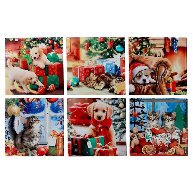 8" Square Ceramic Trivet (Cats & Dogs) (Asstd) - Set of 6 featuring colorful holiday-themed ceramic trivets with playful puppies and kittens near decorated Christmas trees and wrapped gifts, designed to protect surfaces from heat while adding festive charm to any table setting.