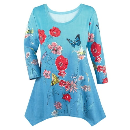 Turquoise Print Shirt - Women's Sharkbite Hem Tunic Top with Sequins, Spring Garden Print, Large, Turquoise