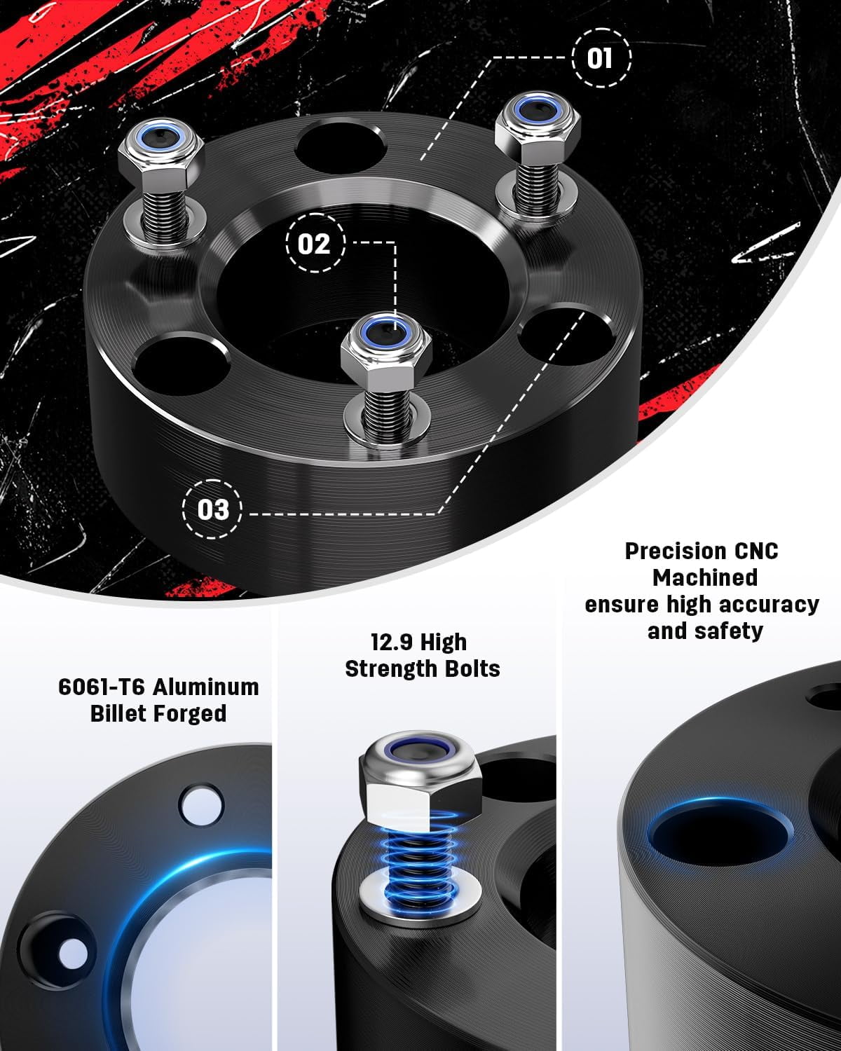 Richeer 3" Front Leveling Lift Kit Compatible with 2007-2026 Silverado 1500 2WD/4WD, Leveling Lift Kit for 2007-2026 Sierra 1500 2WD/4WD Forged Front Strut Spacers Raise Front of Vehicle by 3"