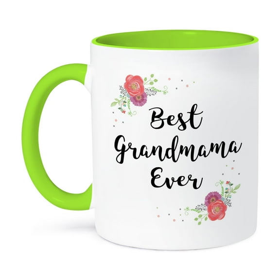 3drose, Floral Best Grandmama Ever Pretty Watercolor Pink Flowers Grandma, 15oz Two-tone Green Mug