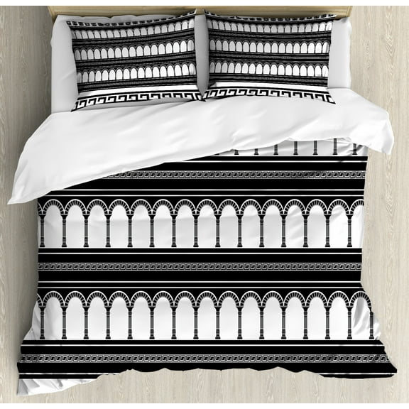 Toga Party Queen Size Duvet Cover Set, Stencil Artwork of Fantasy Colosseum Arch Historical Roman Architecture Theme, Decorative 3 Piece Bedding Set with 2 Pillow Shams, Black White, by Ambesonne