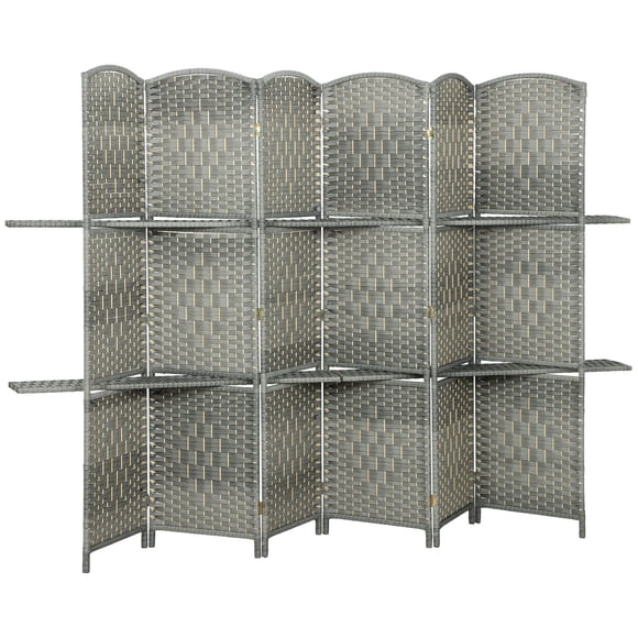 Grey 6-Panel Room Divider Screen with Shelves - 94.5" Privacy Panel for Living Room, Bedroom & Home Office | Woven Polypropylene & Pine Wood