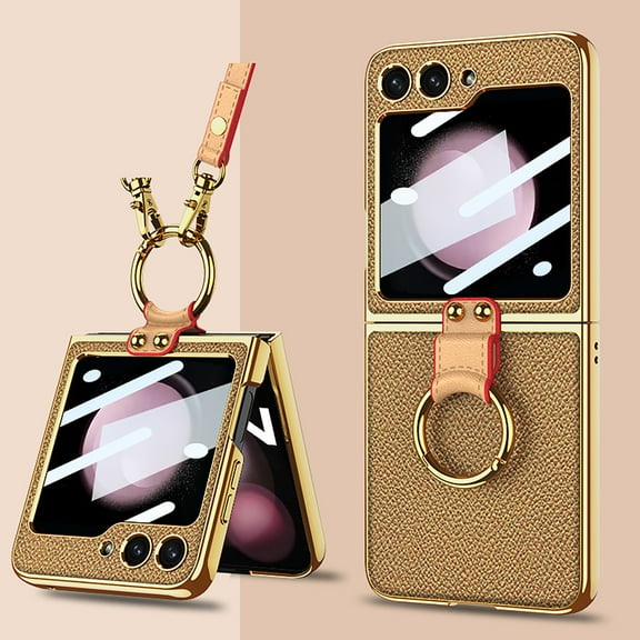Phone Case For Samsung Galaxy Z Flip 5 , Shockproof Protective Anti-Scratch Phone Case,Ultra-Thin Back Cover Screen Protector with Ring Holder & Adjustable Strap,PU Leather   Hard PC Shell,Yellow