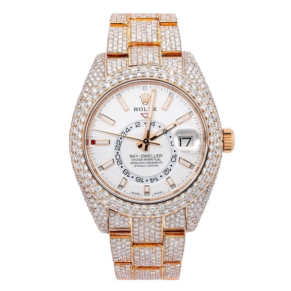 Pre-Owned Rolex Sky-Dweller 42MM 326935 Silver Dial Diamond Bezel 18K Rose Gold Full Diamond Oyster Bracelet 25.75ct