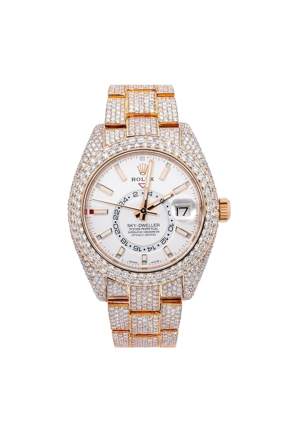Pre-Owned Rolex Sky-Dweller 42MM 326935 Silver Dial Diamond Bezel 18K Rose Gold Full Diamond Oyster Bracelet 25.75ct