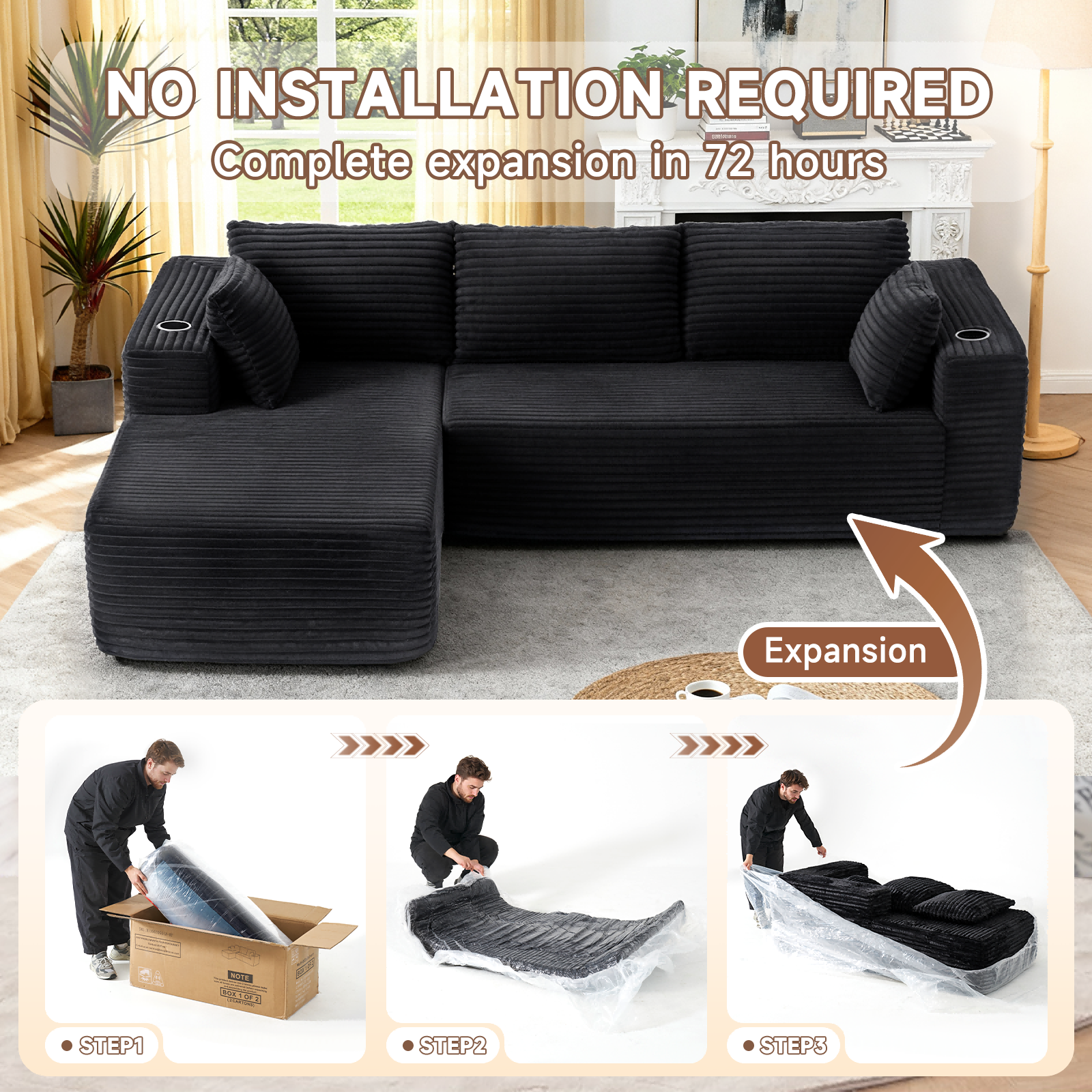 BaPiPro 106" Soft Corduroy Convertible Sectional Sofa, L-Shaped Modular Sectional Couch with Deep Seat for Living Room, Cloud Oversized Upholstered Sleeper Sofa, No Assembly Required, Black