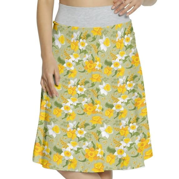 Women's Daffodil Vintage Romantic Bouquet A-line Printed Skirt Casual Wear, L, Green Marigold White, by Ambesonne