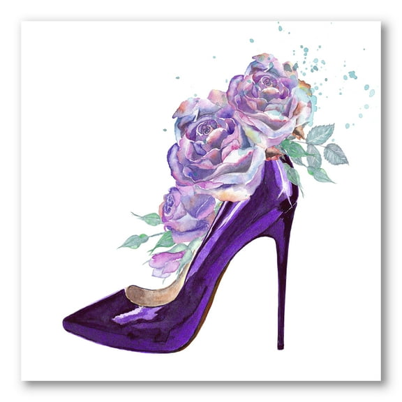 Designart ' Pink VIolet Roses With Dark Purple Stiletto Shoe ' Traditional Canvas Wall Art Print