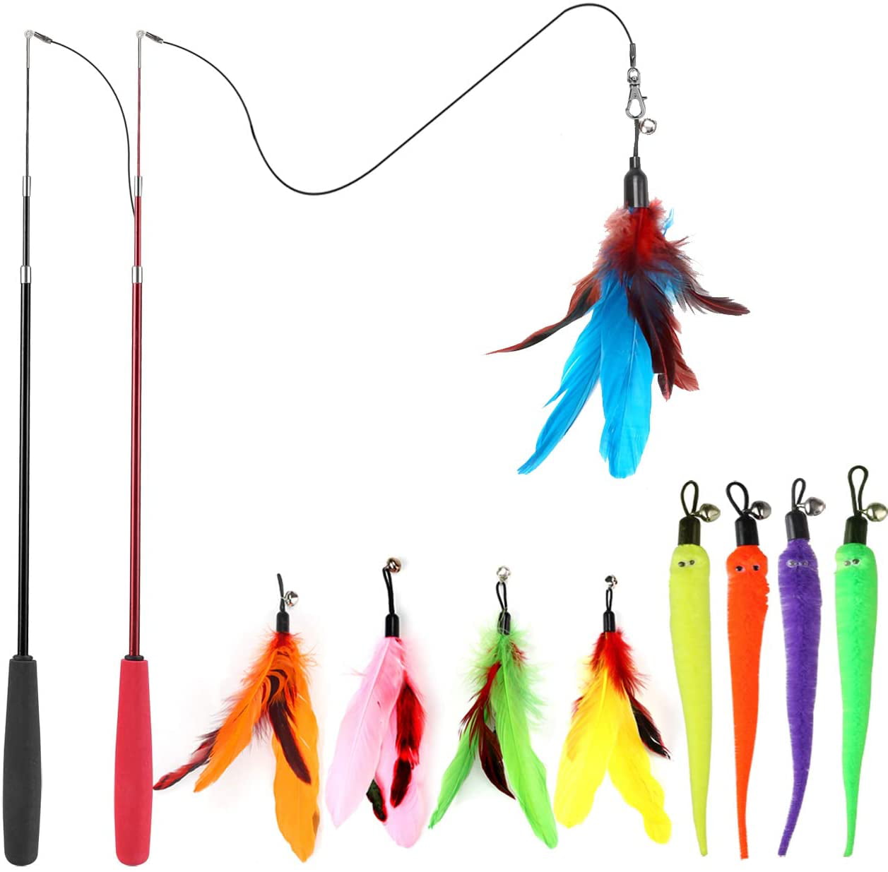 Retractable Teaser Wands and Feather Worm Toys with Bells for Indoor Cat and Kitten Catcher 11 Piece Toy Set Interactive Bird Feather Pet Teaser Cat Feather Toys
