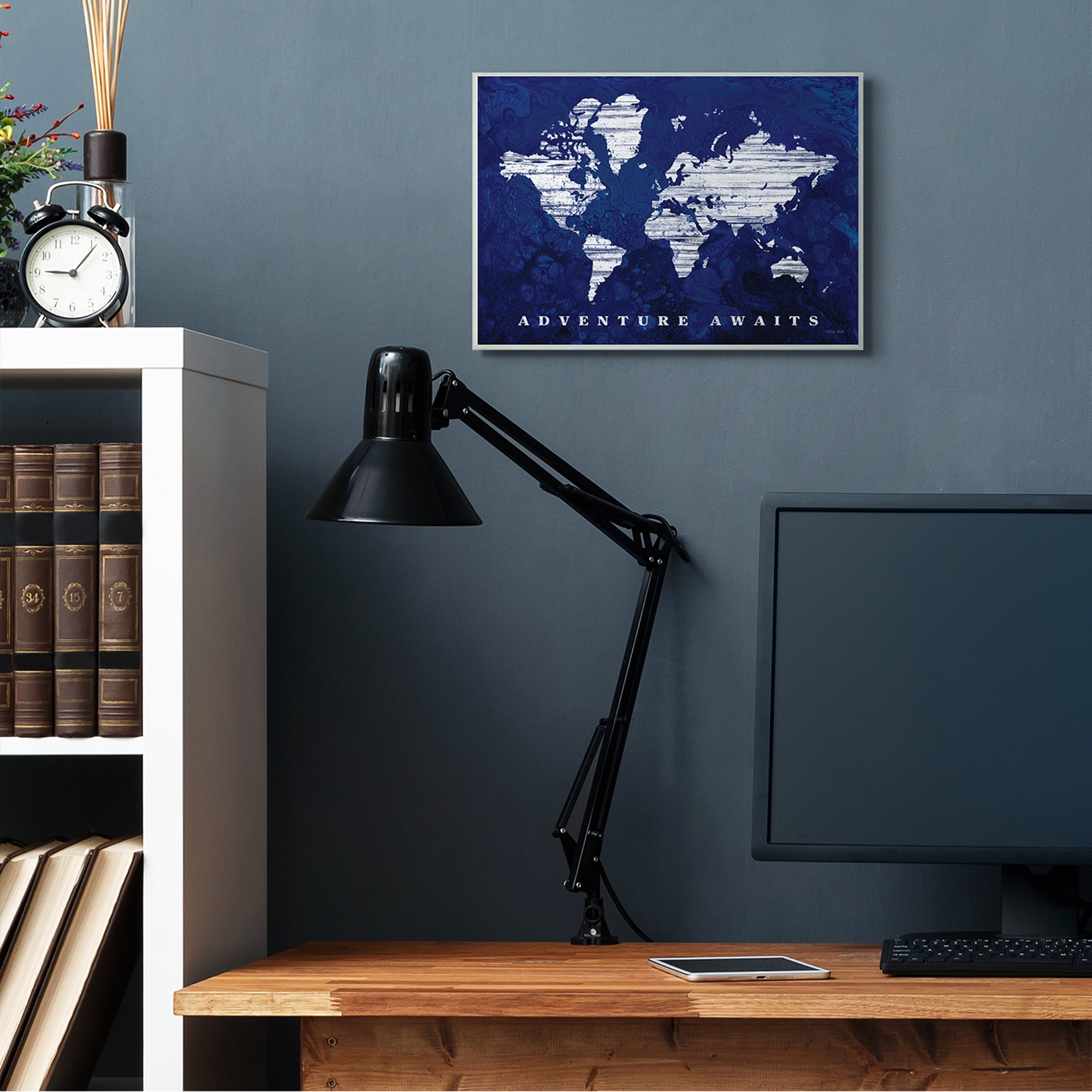 Stupell Industries Adventure Awaits Sentiments Navy Blue World Map,13 x 19,Designed by Cindy Jacobs
