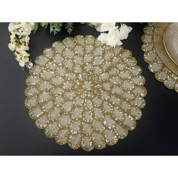 Set of 6, Handmade placemat, beaded round table placemat, silver, gold with white beads, 14 inch