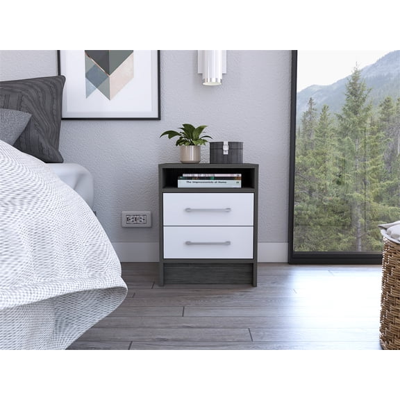 Knubmt Wood Nightstand with 2 Drawers and 1 Open Shelf, Beside Table for Living Room, Office, Bedroom, White Gray